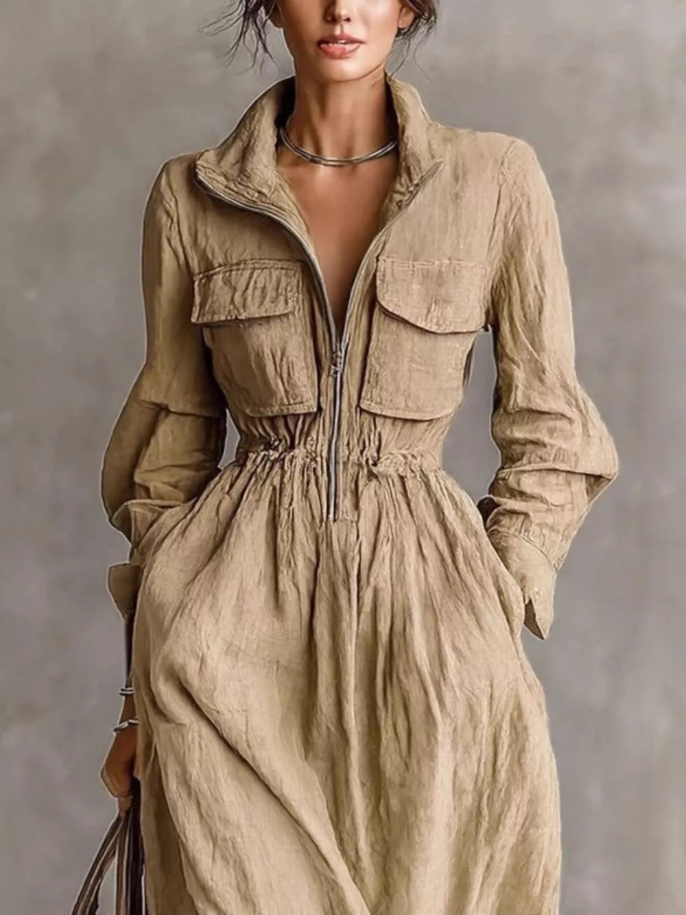 Zip-Front Long Sleeve Maxi Shirt Dress, image 3