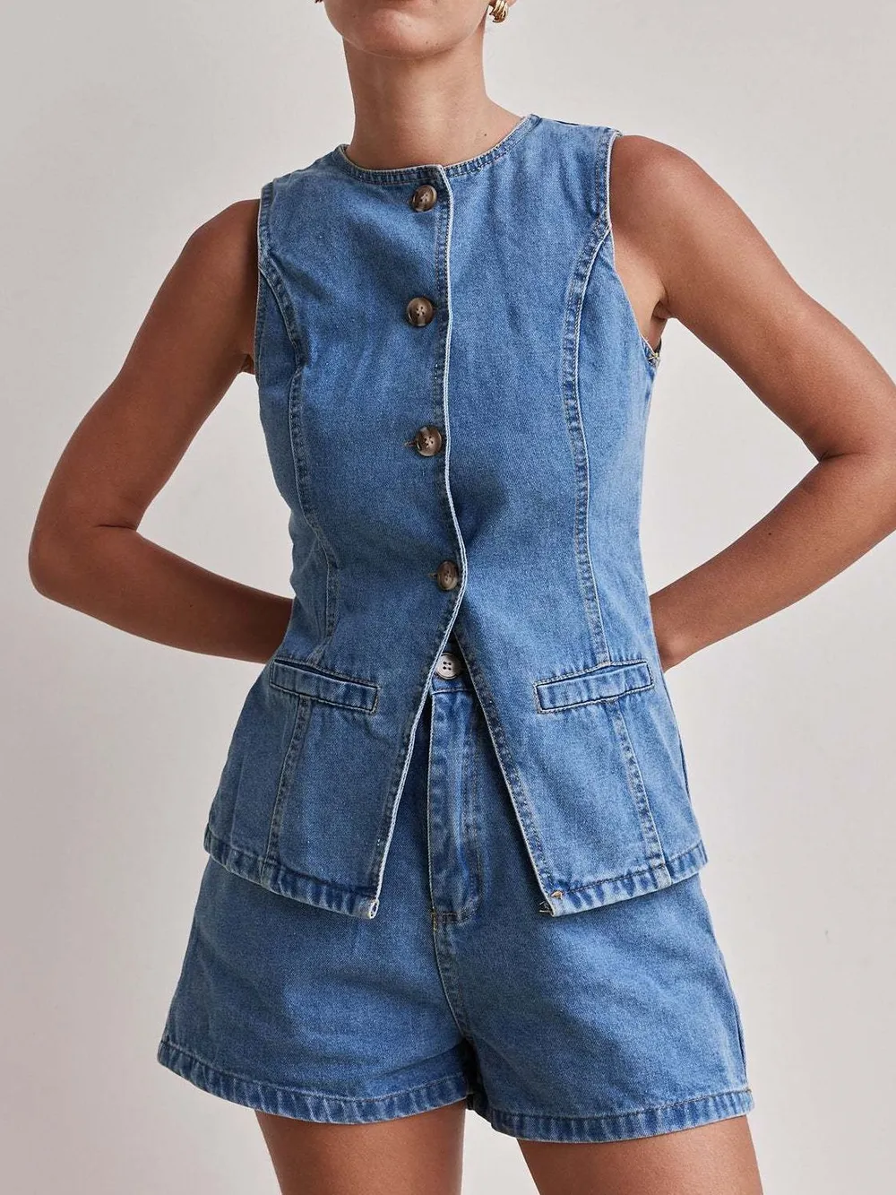 Button Down Vest and Shorts Denim Set, image 12
