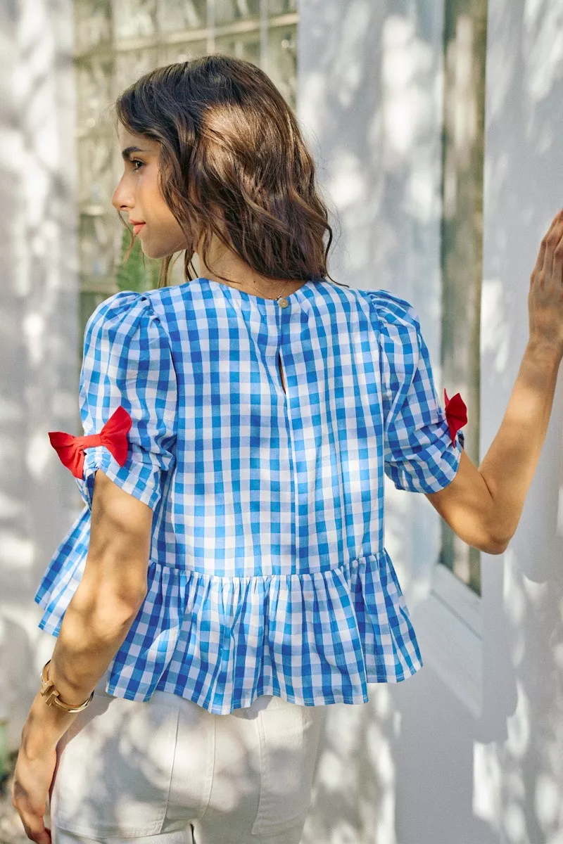 4th Of July Gingham Ribbon Detail Short Sleeves Blouse, image 3