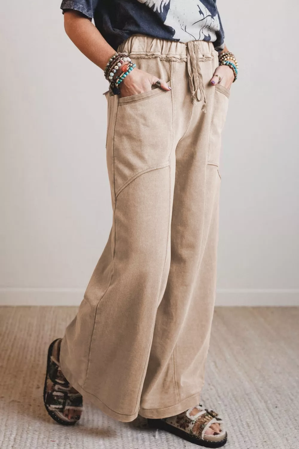Mineral Wash Drawstring Retro High Waist Wide Leg Western Pants, image 5