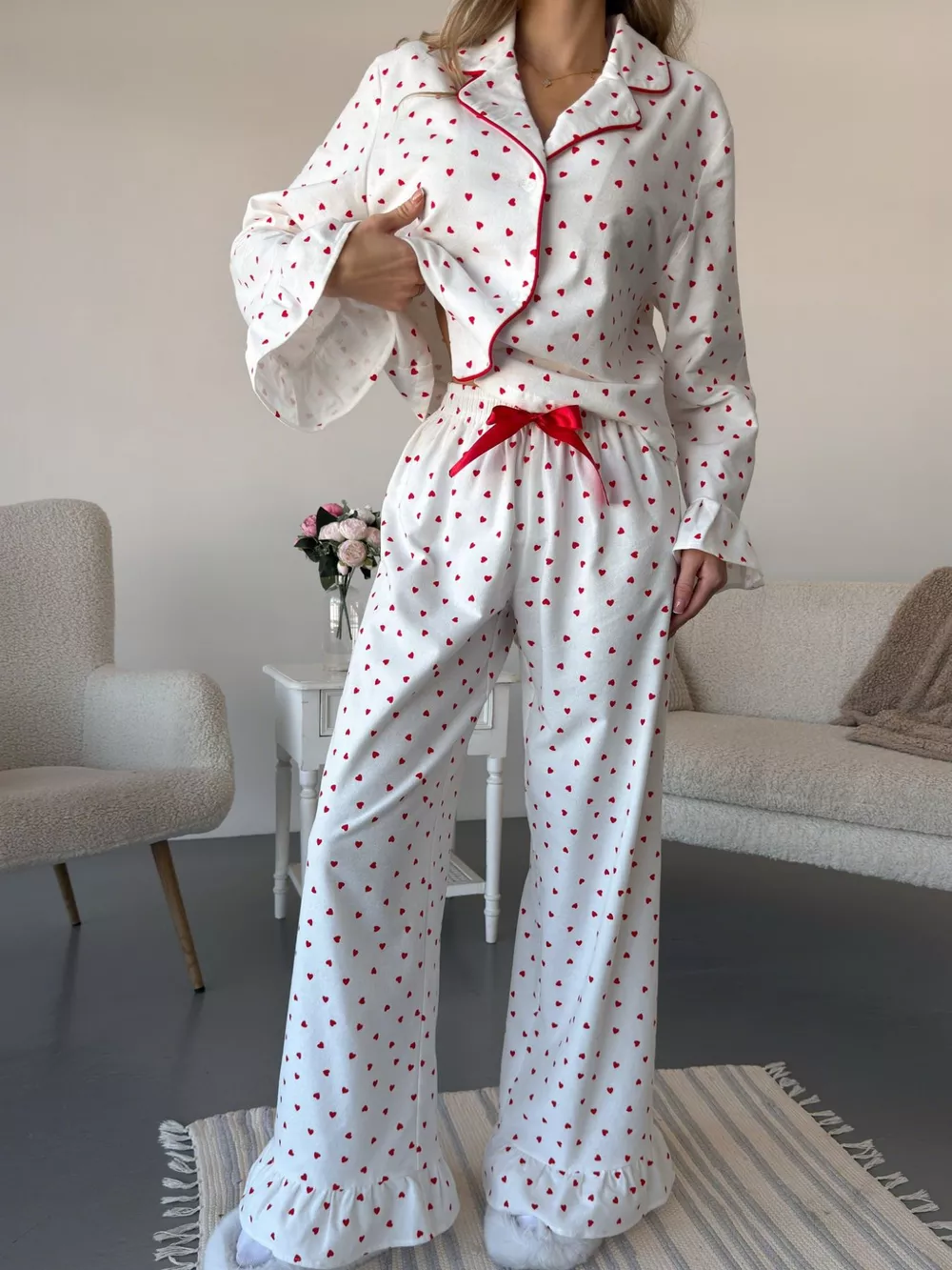 Heart Print Long Sleeve Top and Pants Lounge Set, image 2