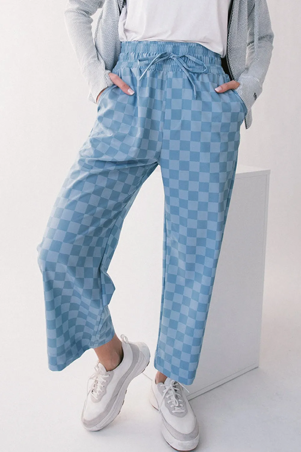 Checkered Elastic High Waist Loose Casual Pants, image 8