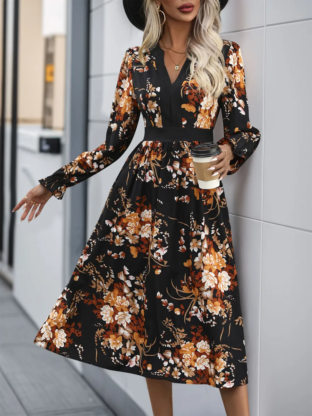 Printed Notched Long Sleeve Midi Dress, image 4