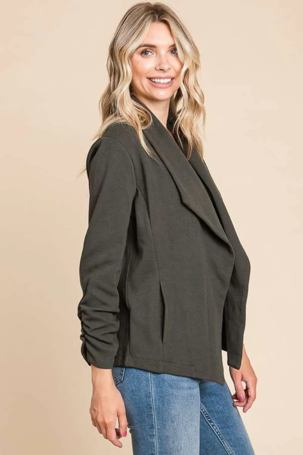 Full Size Ruched Open Front Long Sleeve Jacket, image 3