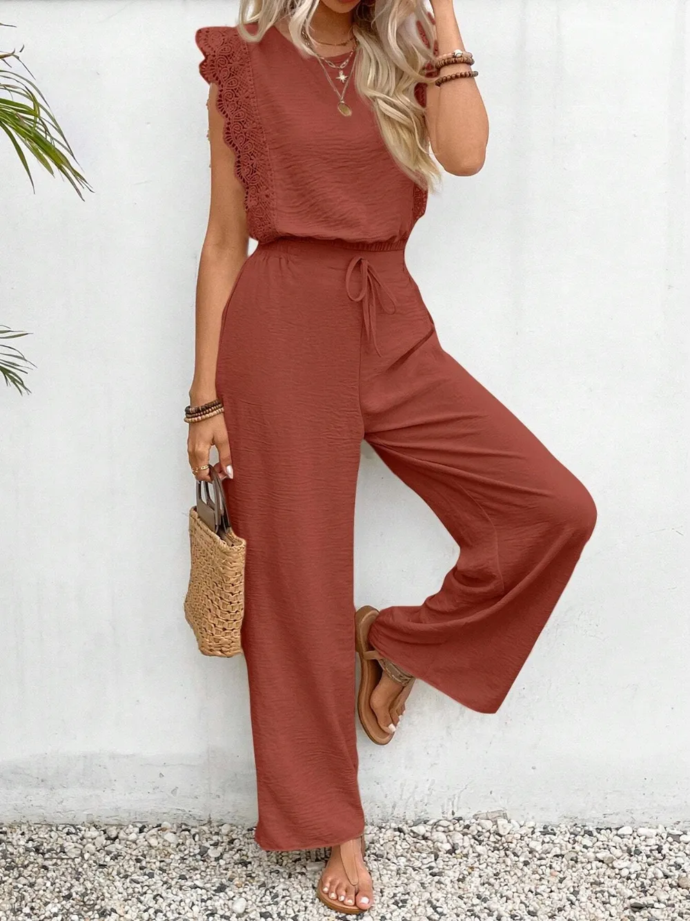 Lace Trim Round Neck Top and Pants Set, image 24