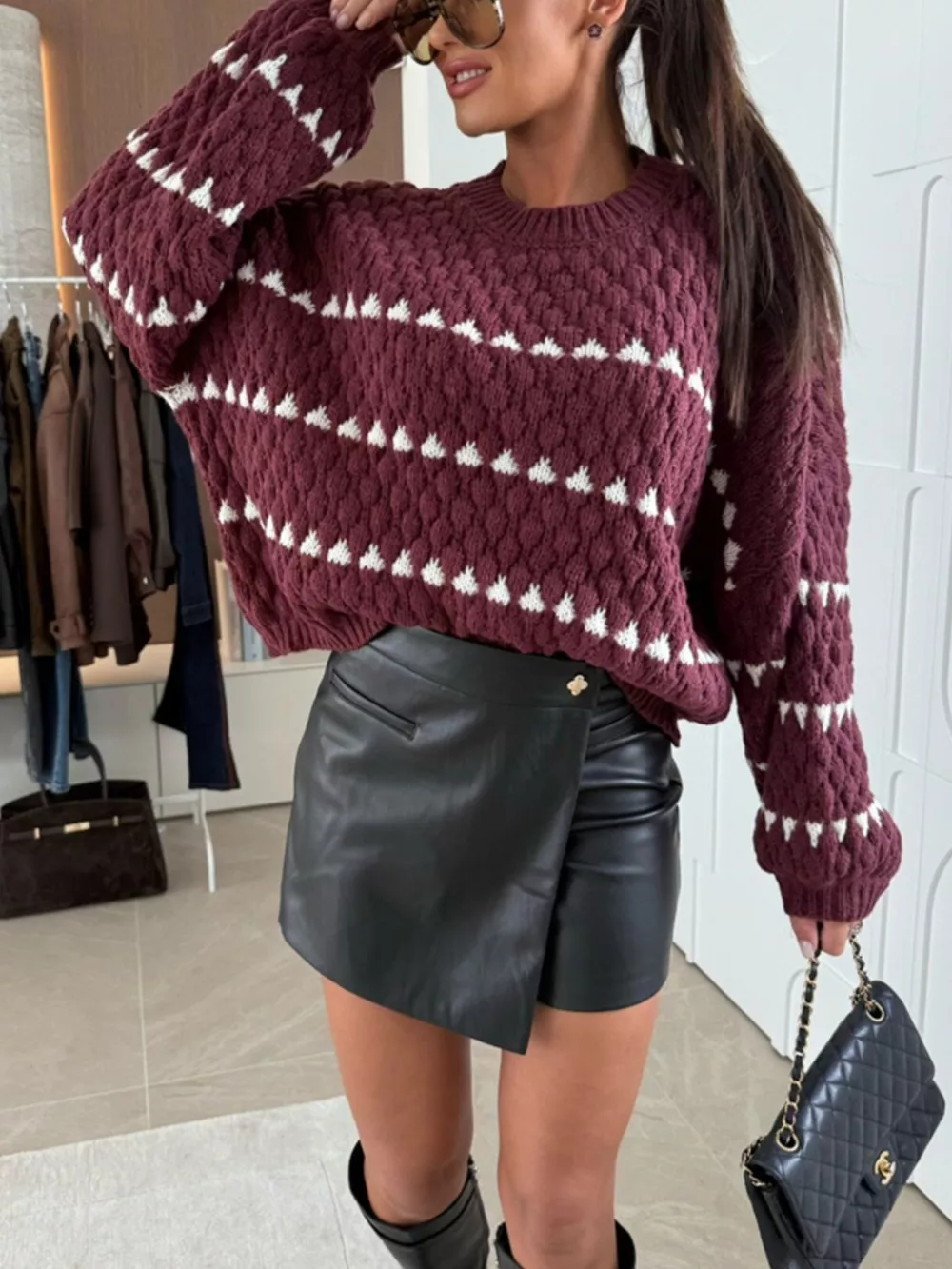 Chunky Knit Striped Sweater with Balloon Sleeves, image 17