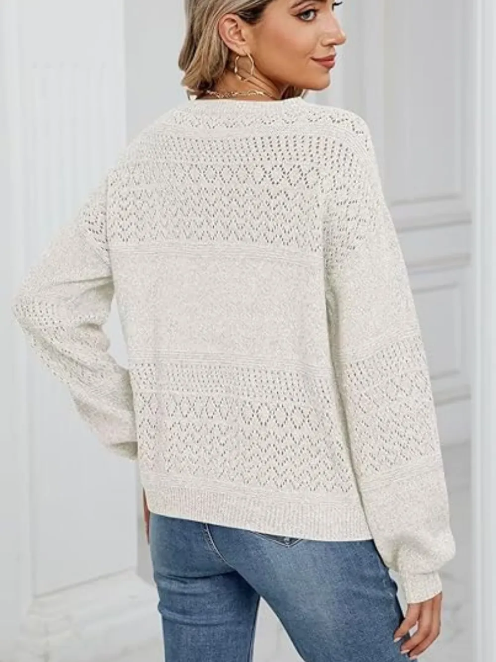 Eyelet V-Neck Long Sleeve Sweater, image 4