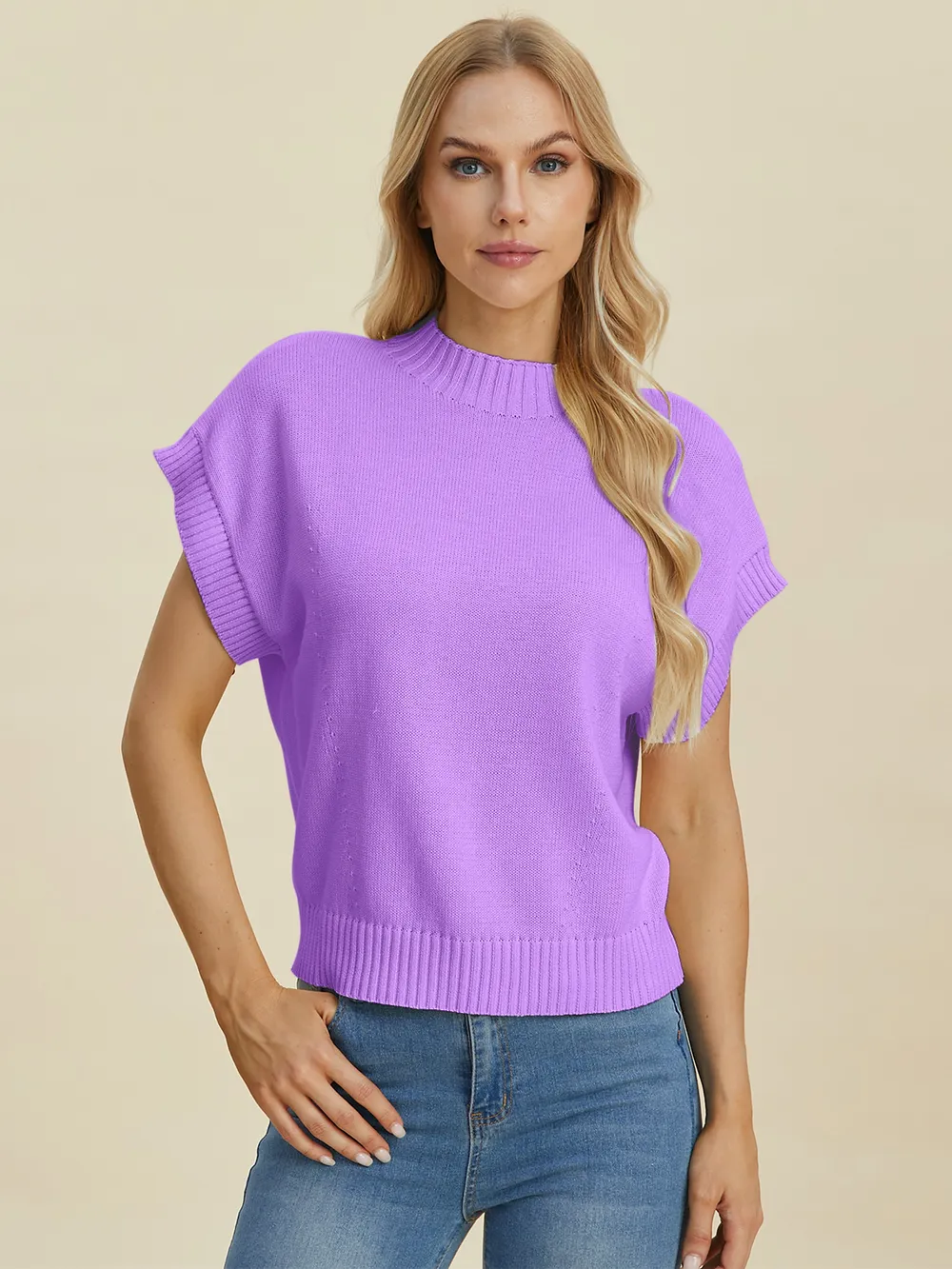 Full Size Mock Neck Short Sleeve Sweater, image 25