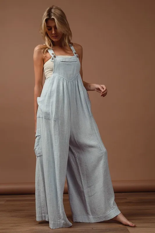 Vintage Washed Crinkle Gauze Wide Leg Overalls, image 4