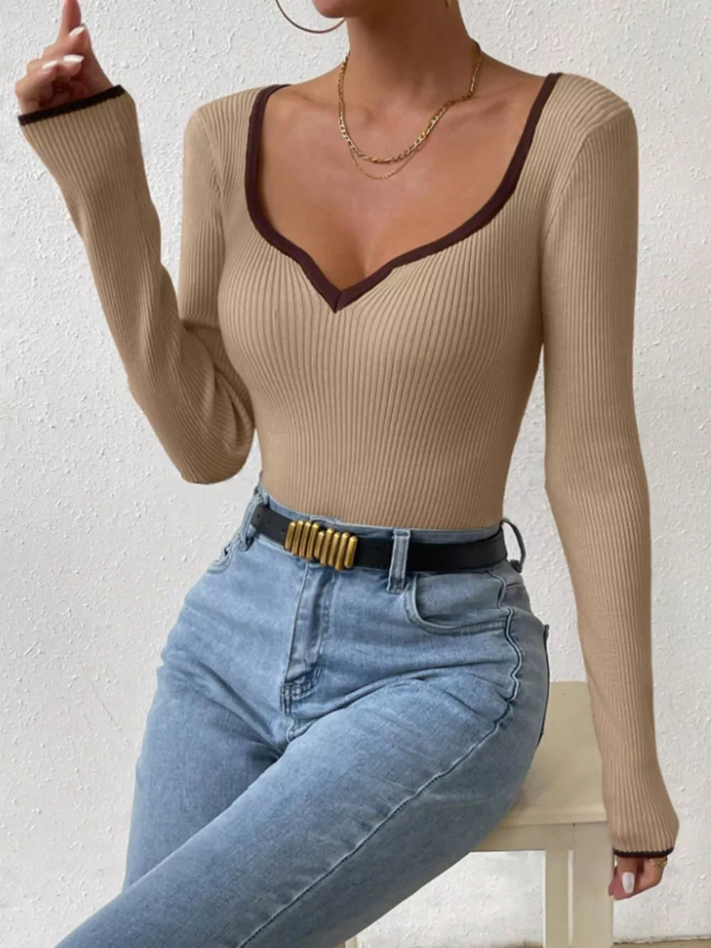 Contrast Trim Long Sleeve Knit Top, image 7