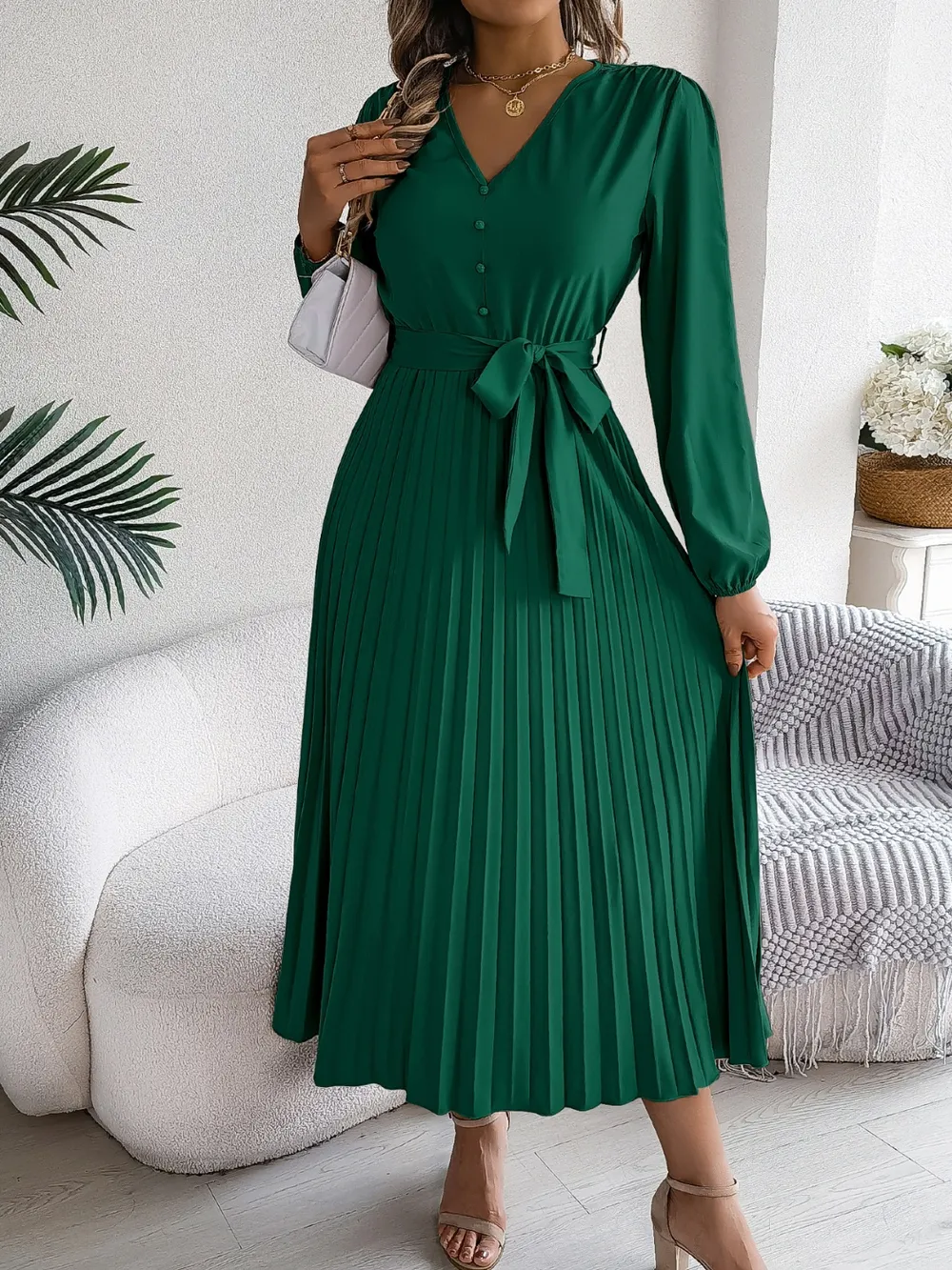 Pleated Tied V-Neck Long Sleeve Dress, image 18