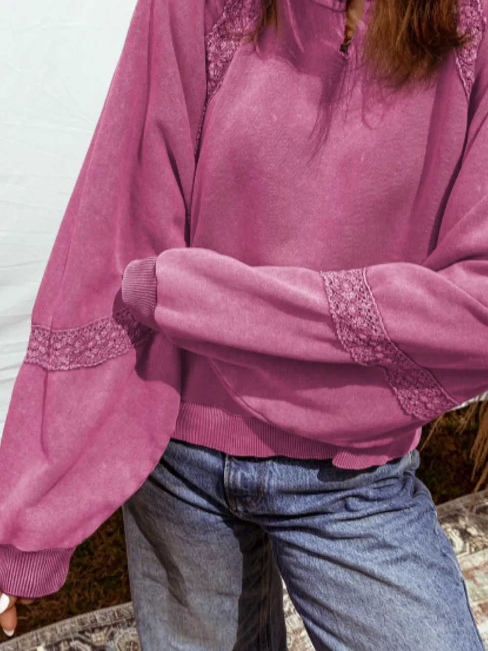 Lace Trim Long Sleeve Sweatshirt, image 3