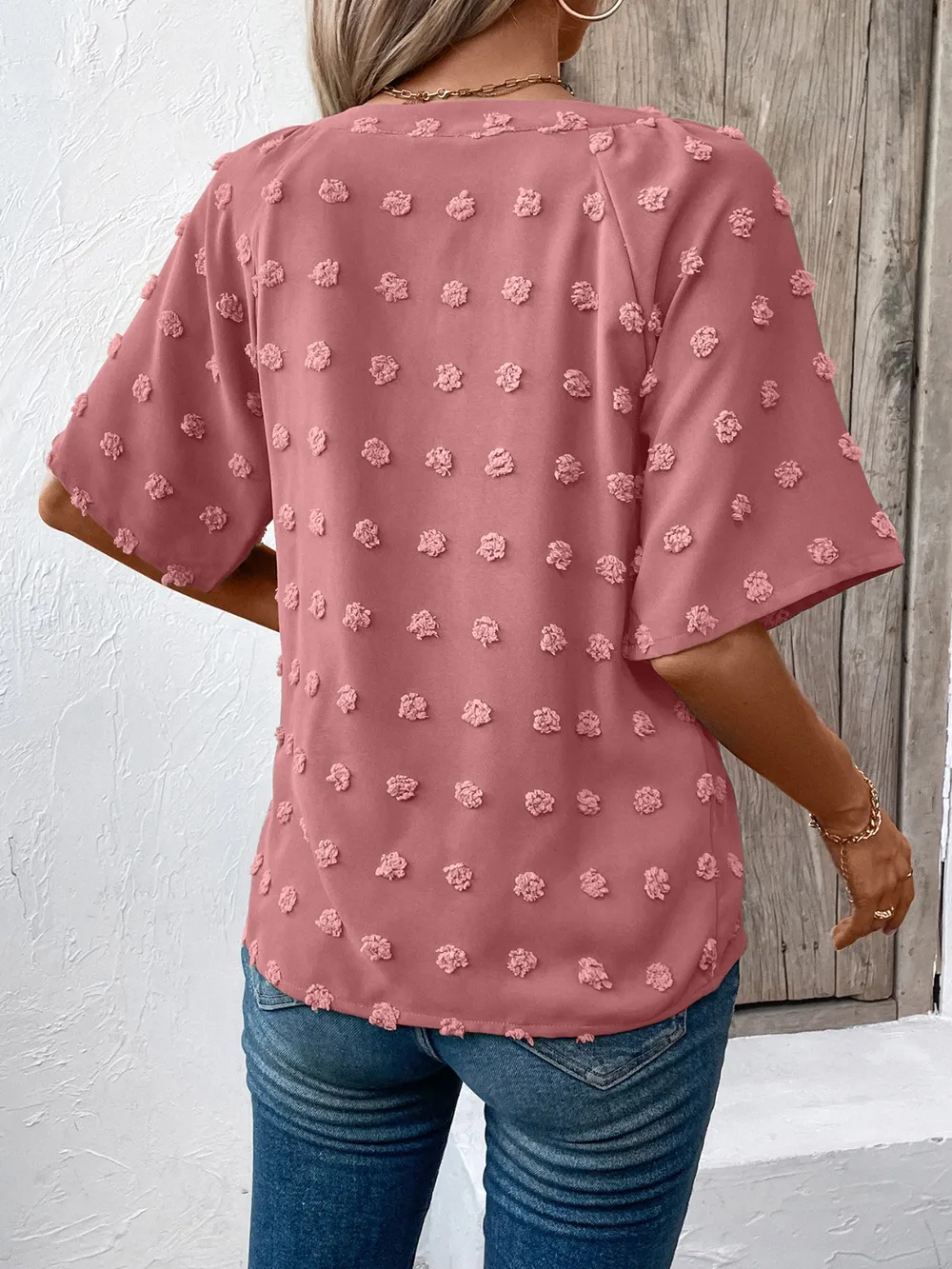 Swiss Dot Notched Half Sleeve Blouse, image 16