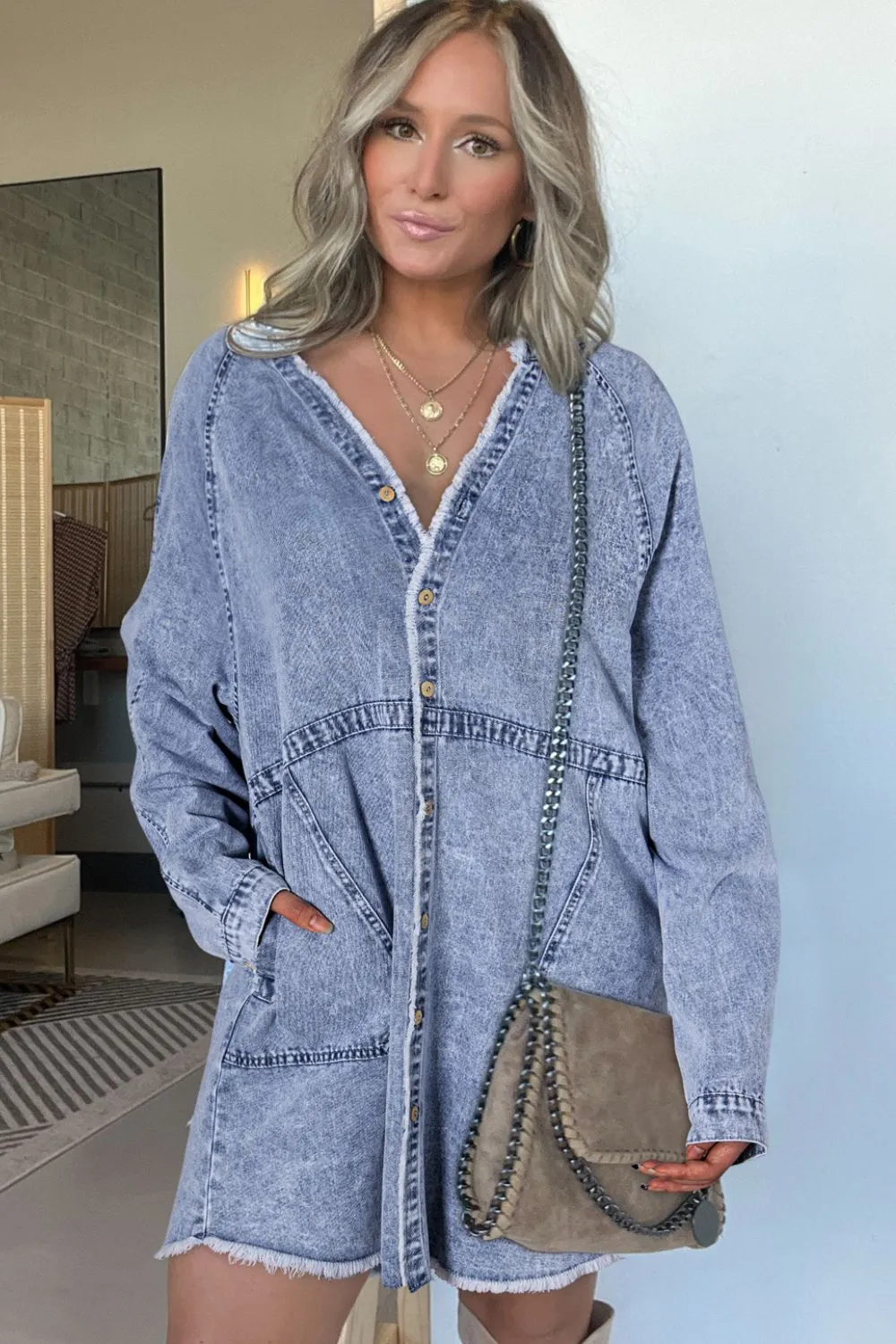 Raw Hem Button Down Long Sleeve Denim Dress, image 8