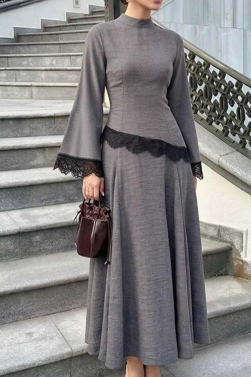Lace Detail Mock Neck Top and Skirt Set, image 6