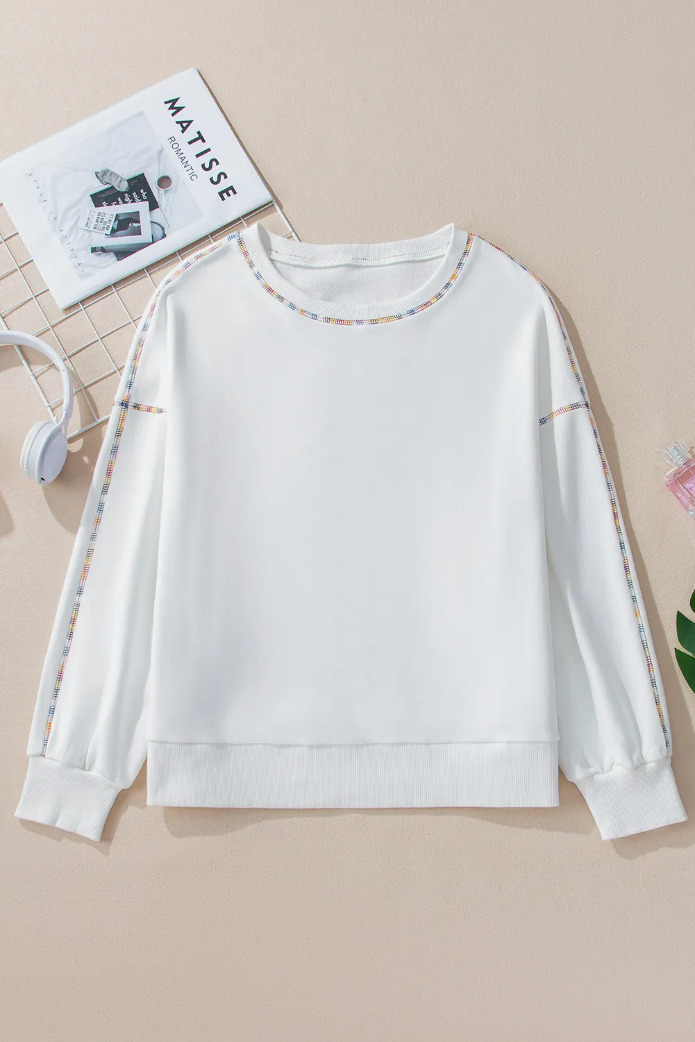 Rainbow Trim Round Neck Long Sleeve Sweatshirt, image 4