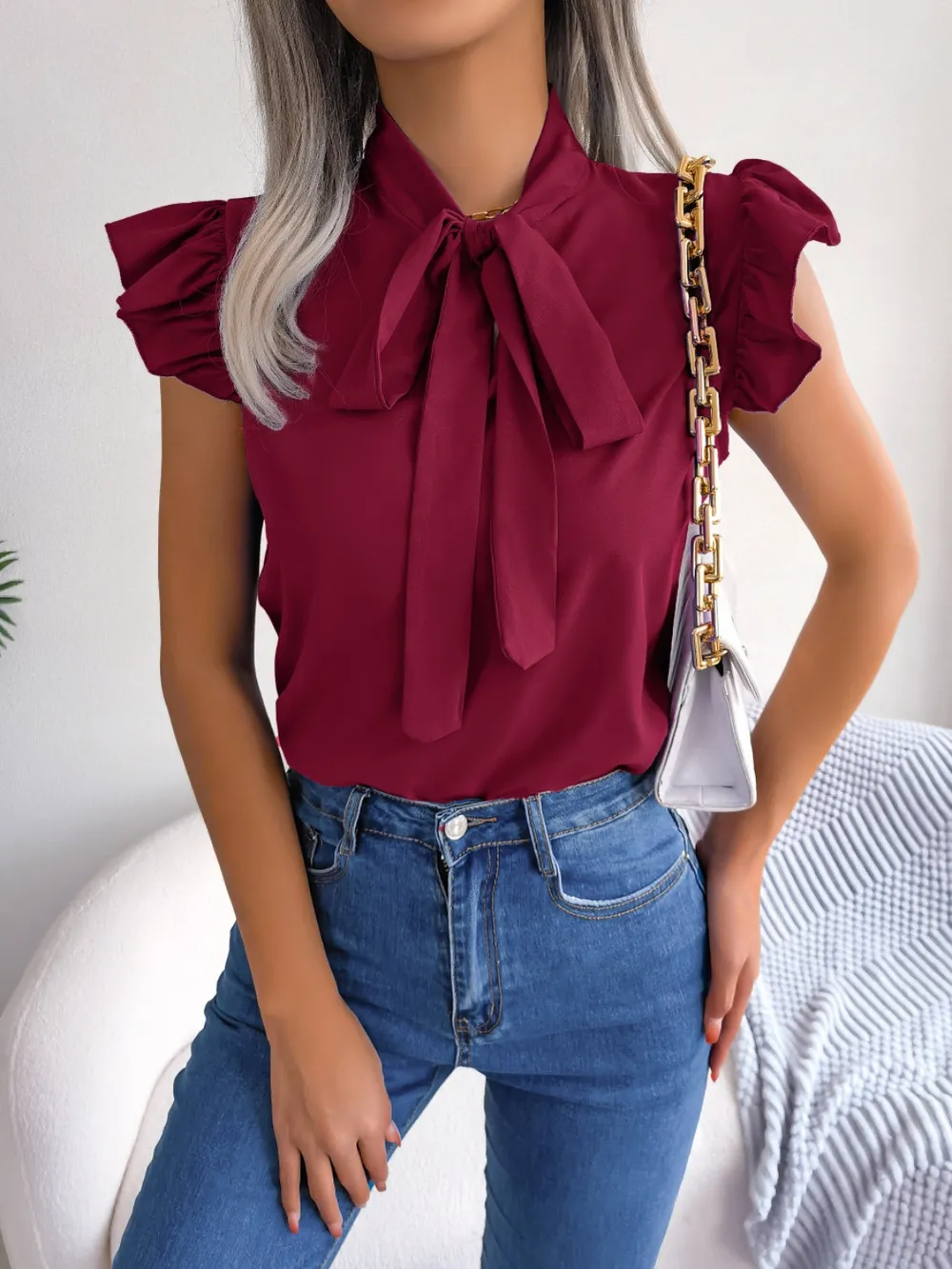 Tie Neck Cap Sleeve Blouse, image 14