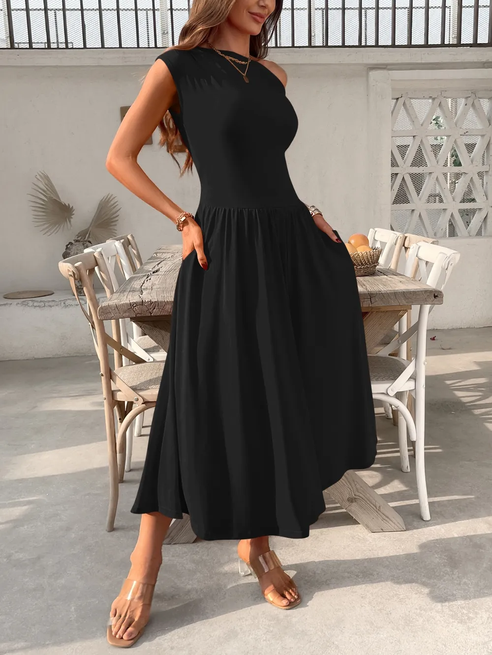 Single Shoulder Dress with Pockets, image 5
