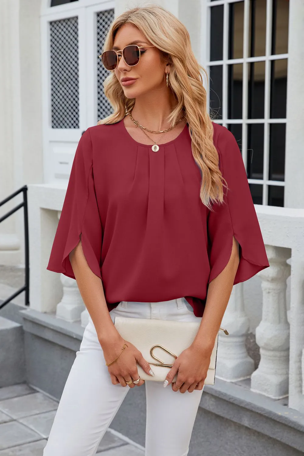 Round Neck Slit Half Sleeve Top, image 2
