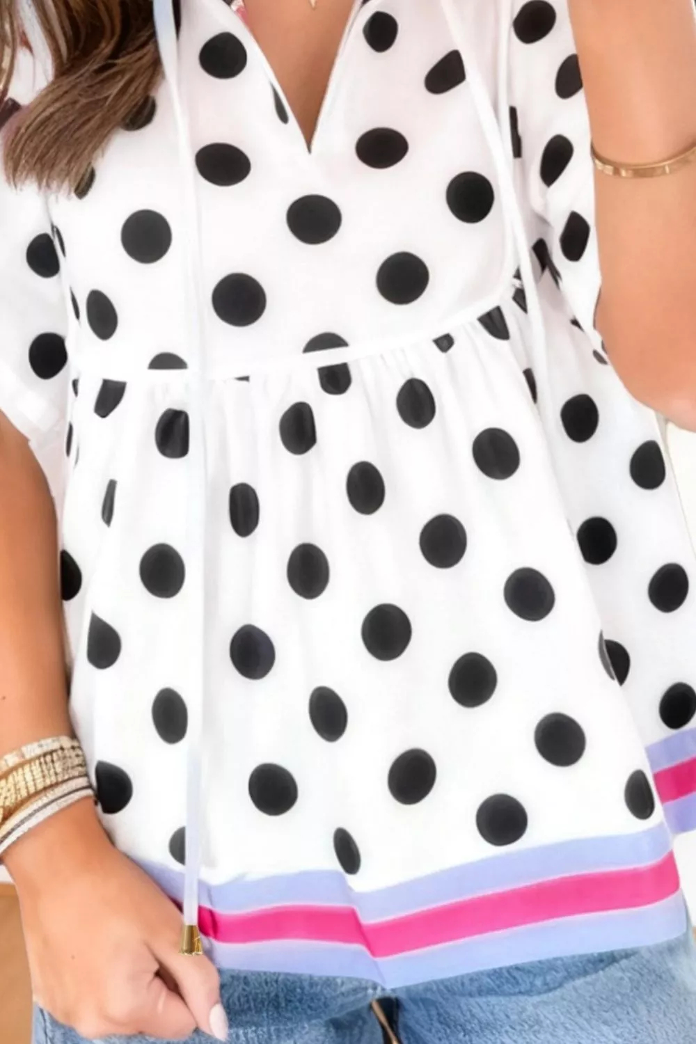 Polka Dot Print Tie-Neck Blouse, image 2