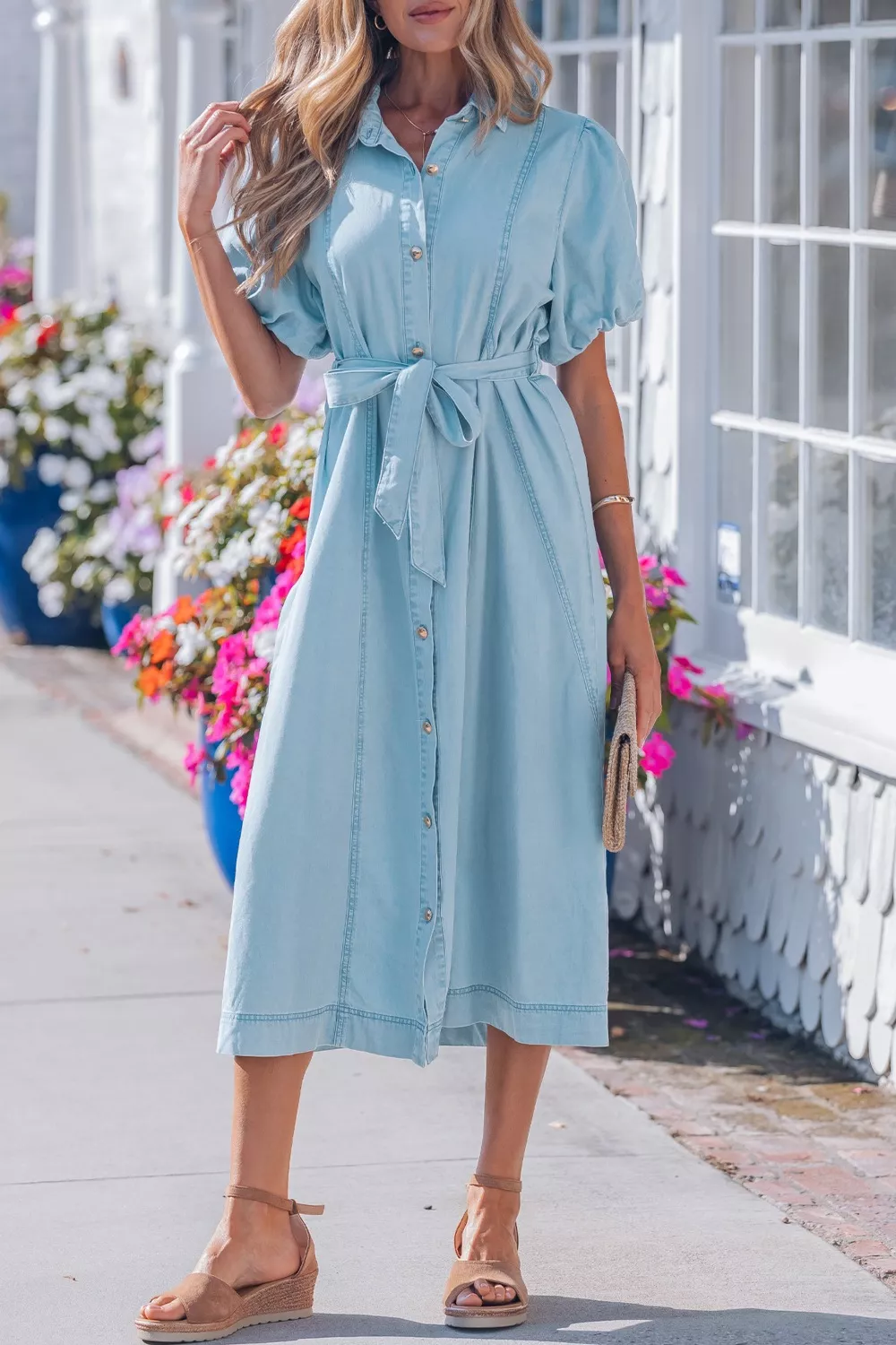 Full Buttons Collared Short Bubble Sleeve Long Denim Dress, image 2