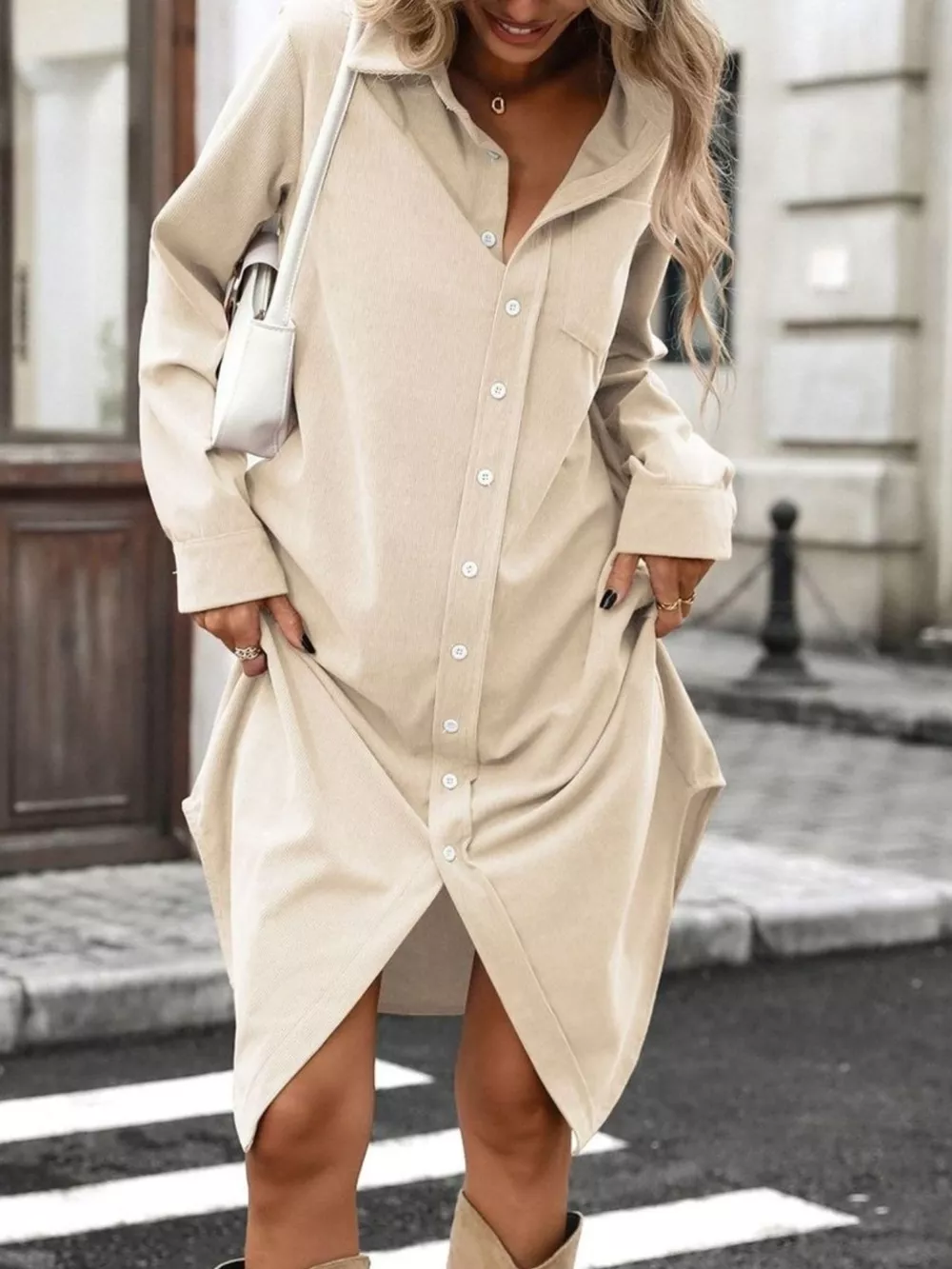 Corduroy Shirt Dress with Button-Down Front, image 17