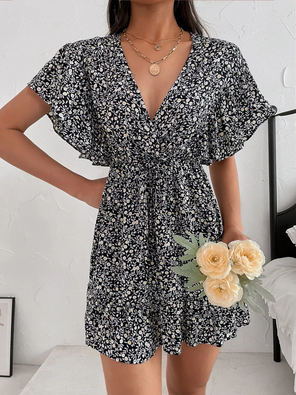 Cutout Ditsy Floral Surplice Flounce Sleeve Dress, image 2
