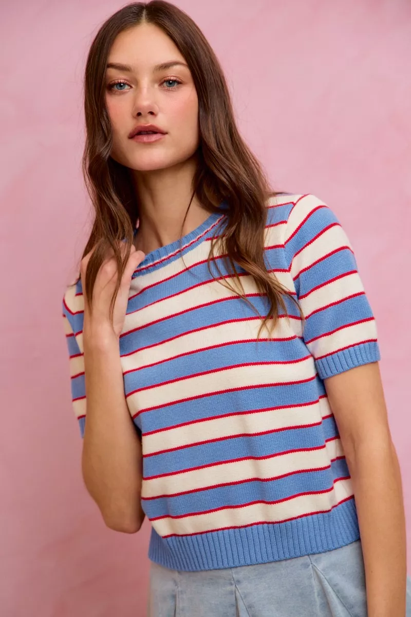 Stripe Knit Crew Neck Short Sleeves Sweater Top, image 9