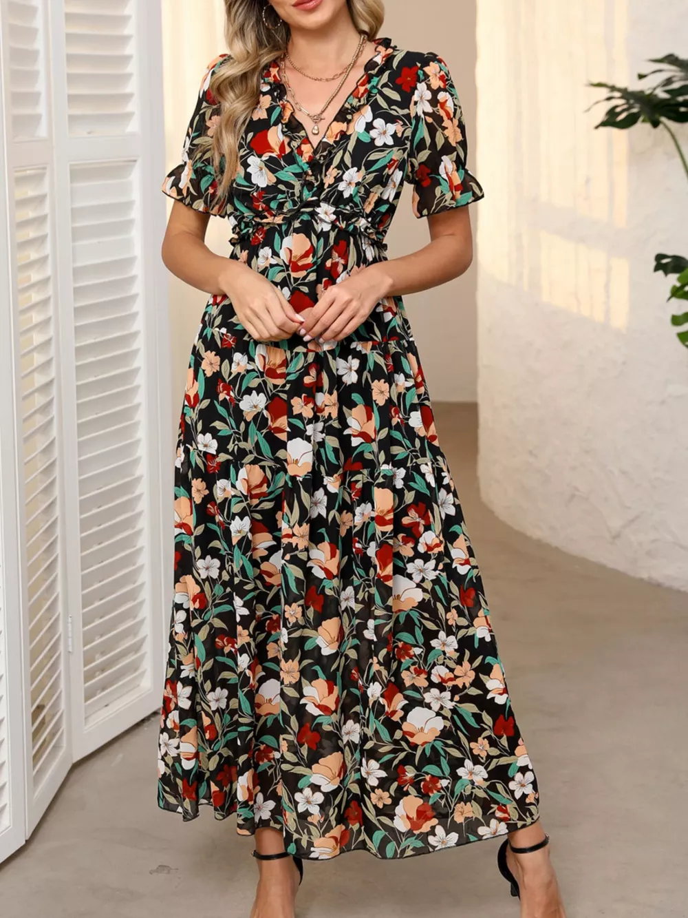 Floral Print Frilled V Neck Short Sleeve Maxi Dress, image 3