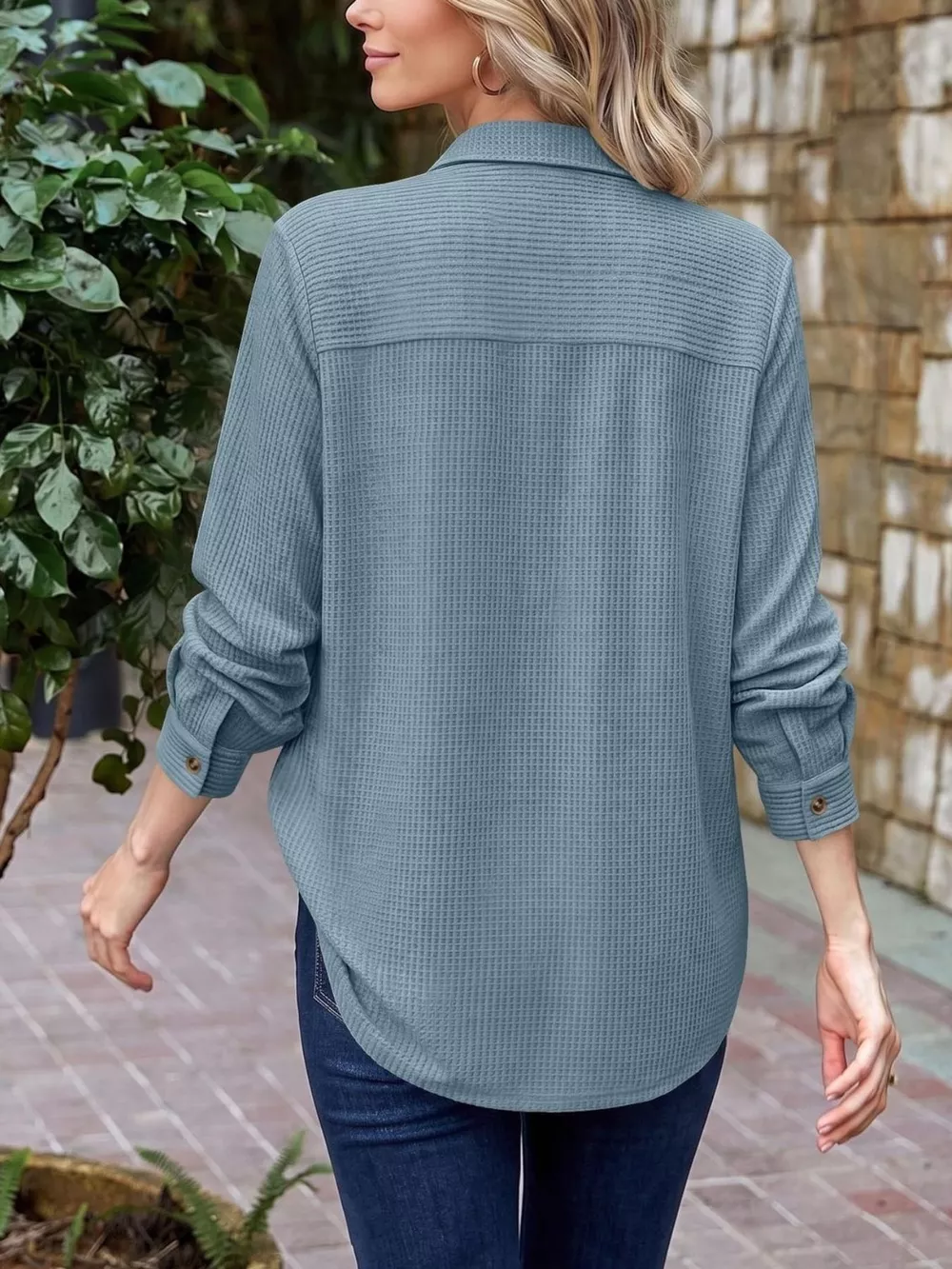 Waffle Knit Button-Down Long Sleeve Shirt, image 7