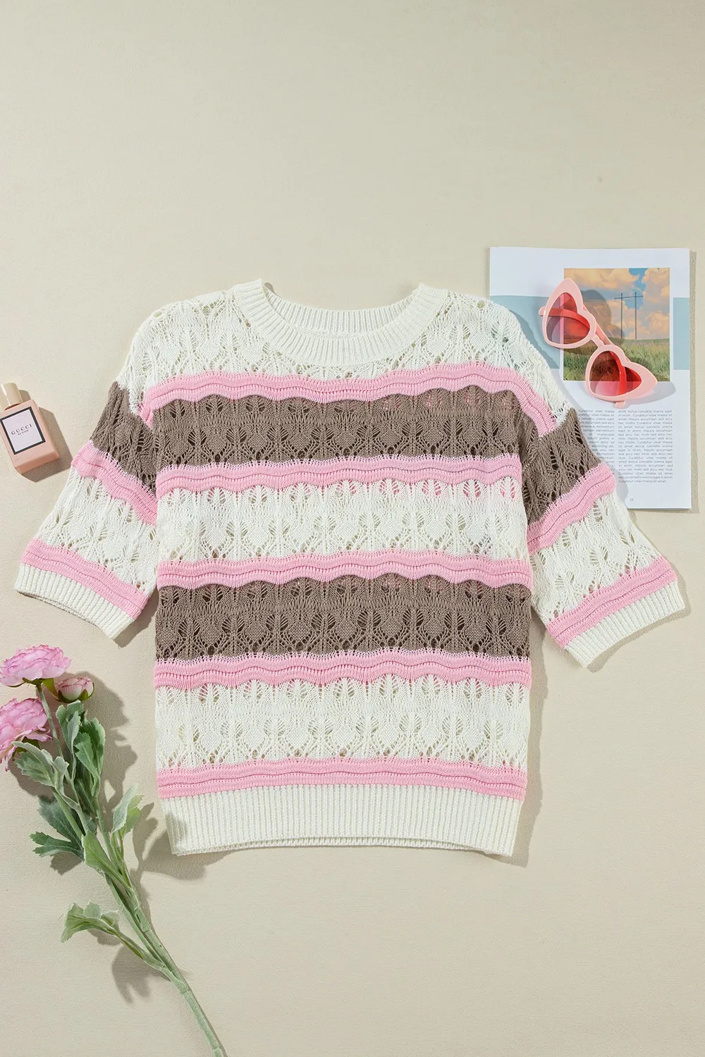 Color Block Openwork Half Sleeve Sweater, image 6