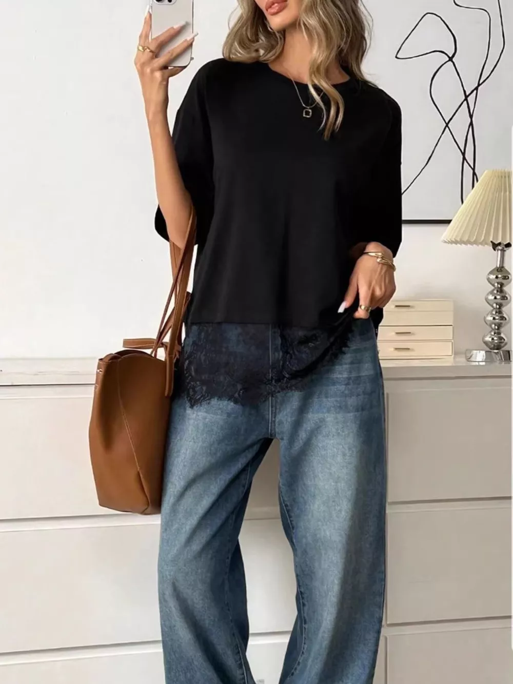 Lace Hem Round Neck T-Shirt, image 5