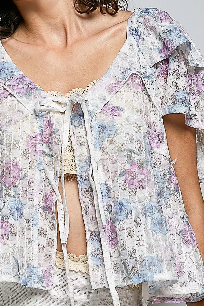 POL Lace Detail Floral Tie Front Ruffle Short Sleeve Blouse, image 6