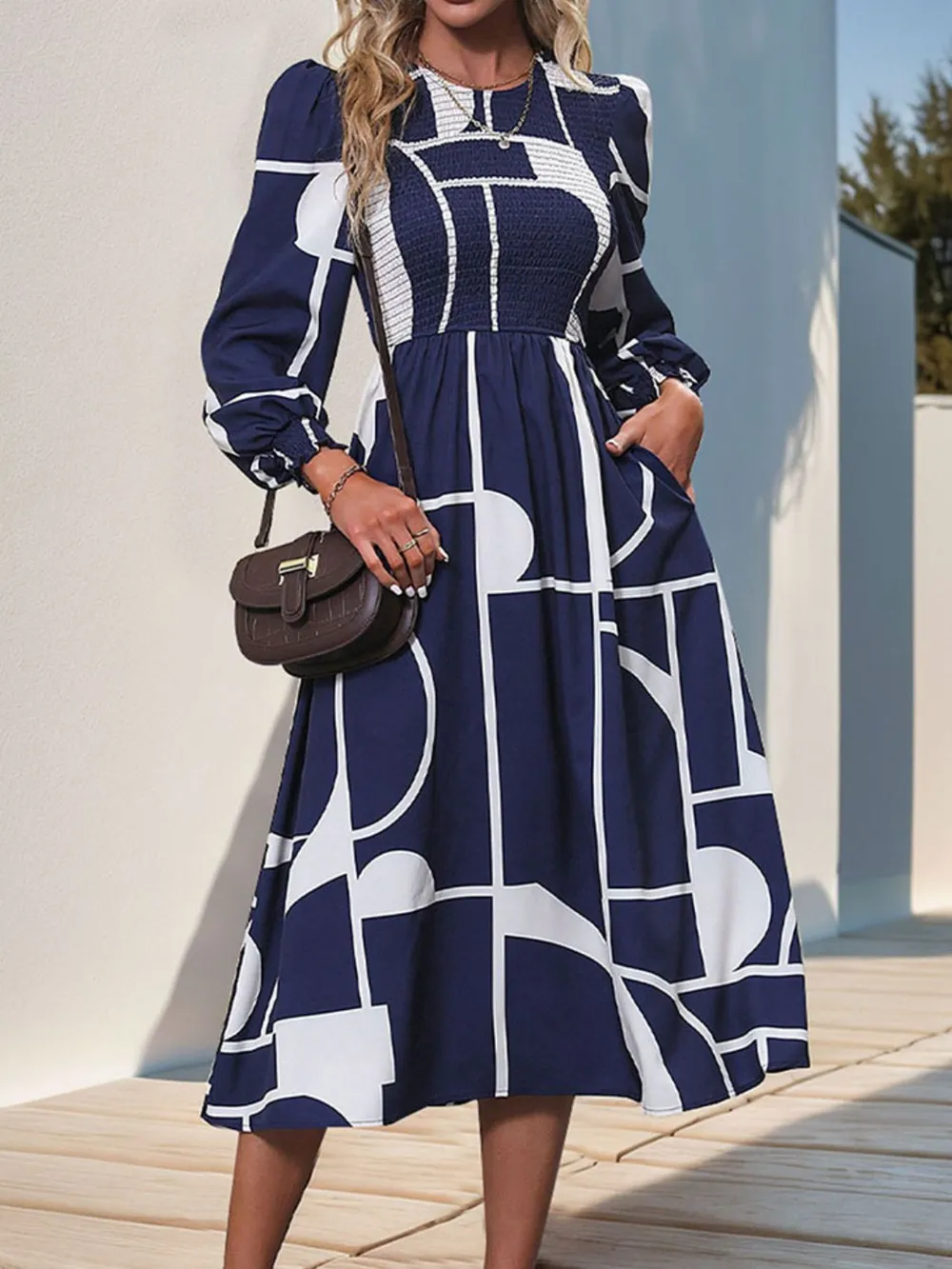 Smocked Color Block Long Sleeve Midi Dress, image 6