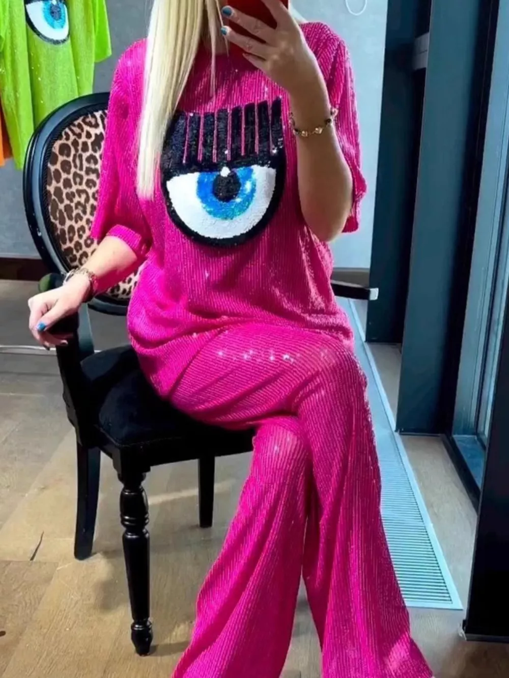 Full Size Eye-Pattern Round Neck Top and Pants Two-Piece Set Plus Size, image 6