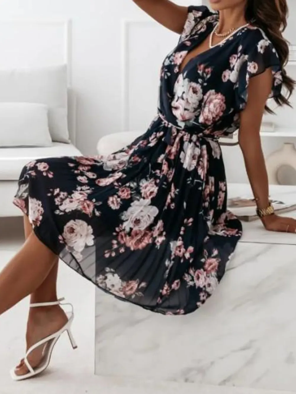 Floral Surplice Ruffled Cap Sleeve Dress, image 12