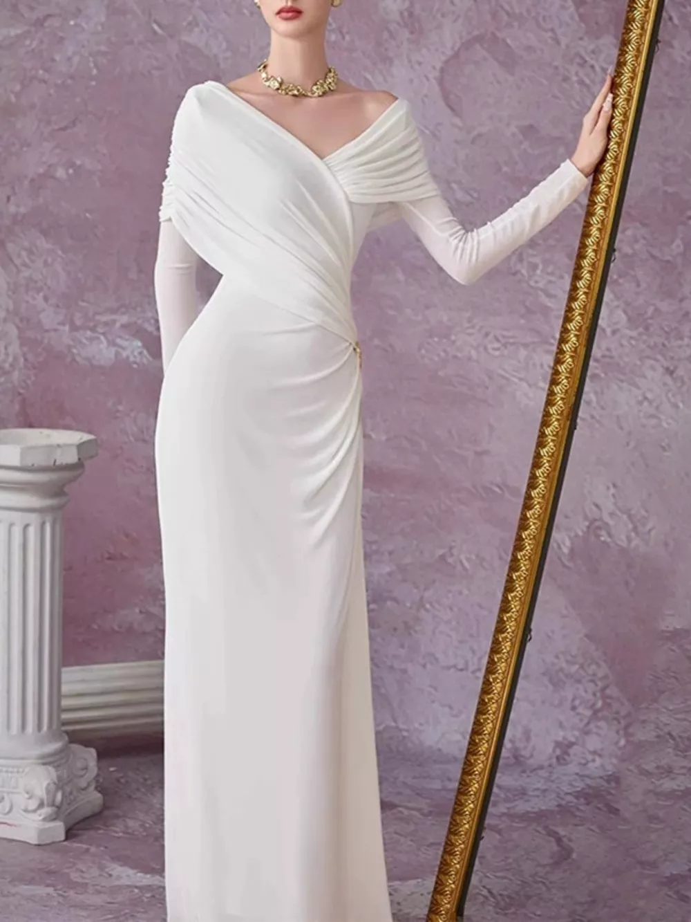 Ruched Draped Long Sleeve Maxi Dress, image 5