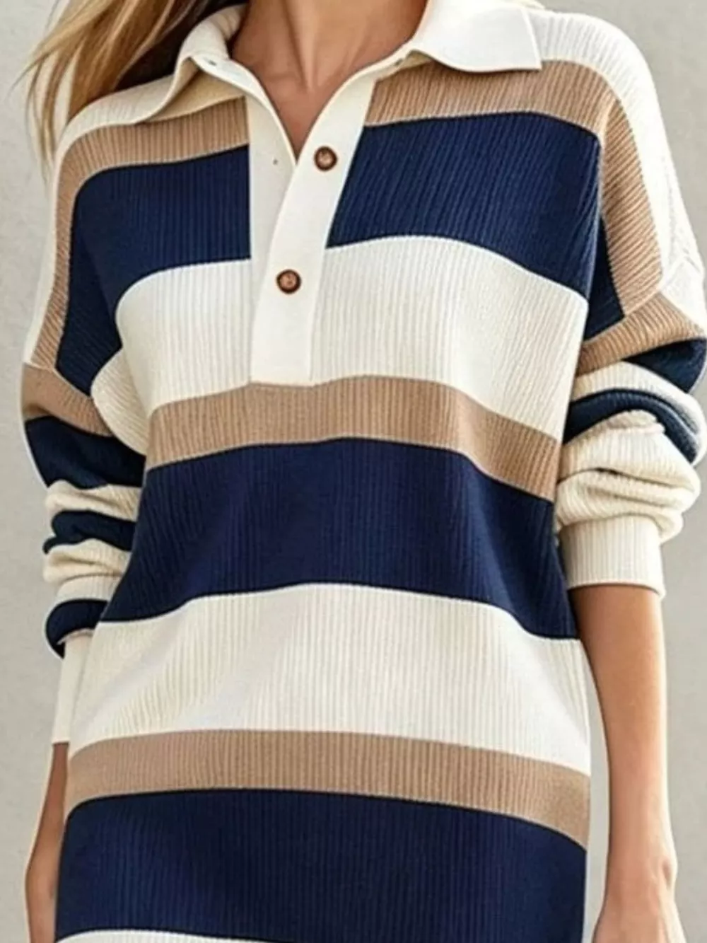 Striped Polo Collar Long Sleeve Sweater Dress, image 10