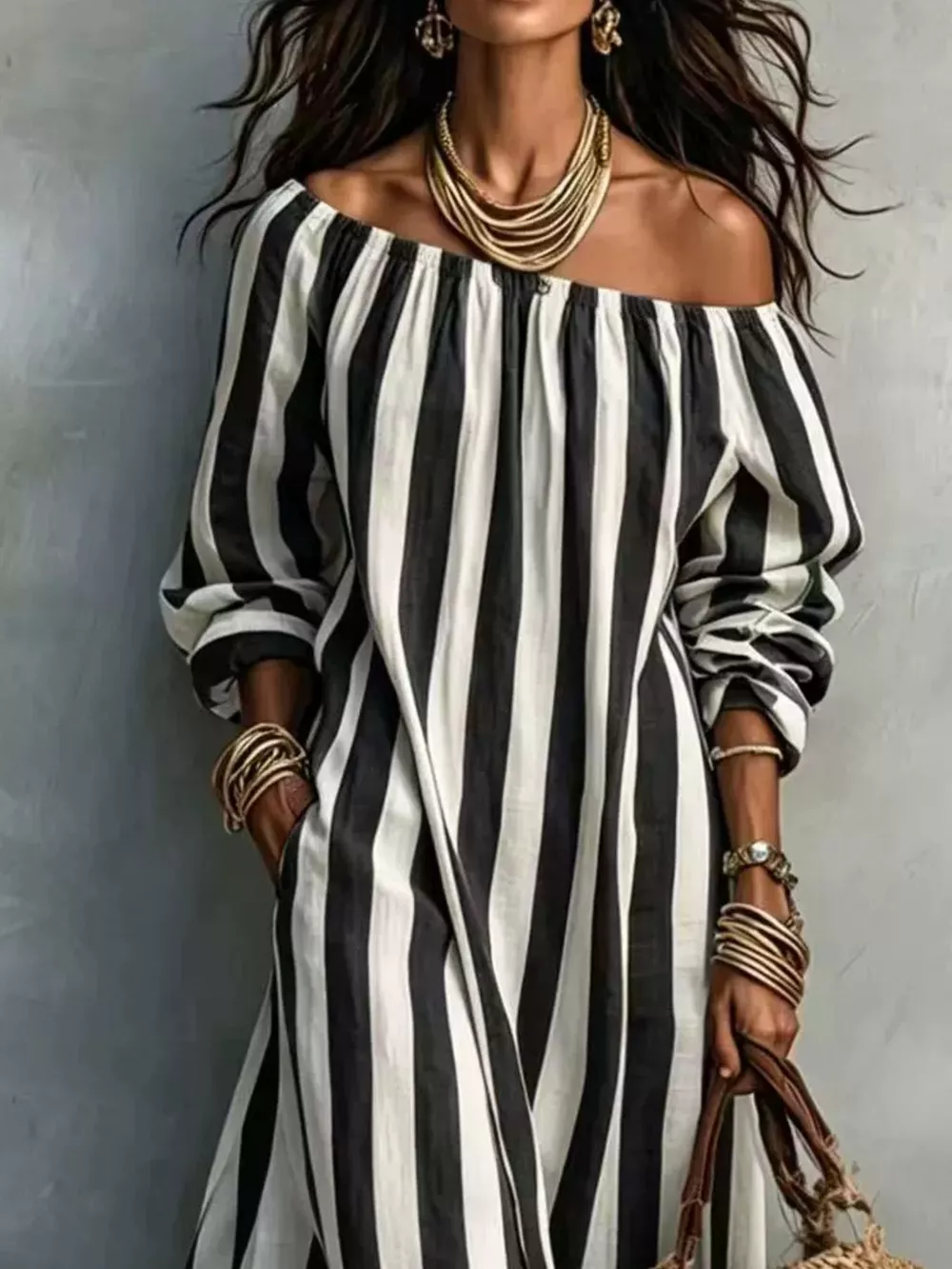 Off-Shoulder Striped Dress with Pockets, image 11