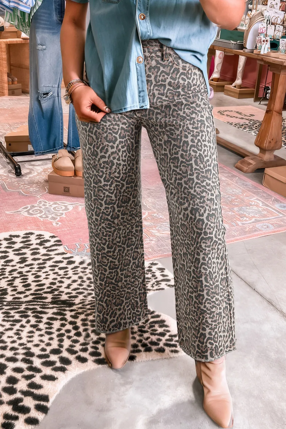 Leopard Frayed Edge Wide Leg High Waist Jeans, image 5