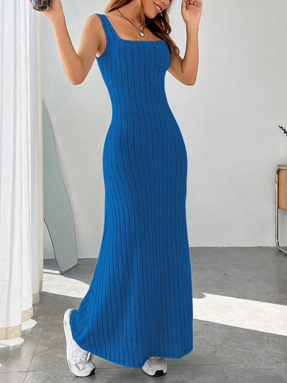 Ribbed Knit Square Neck Sleeveless Maxi Dress, image 5