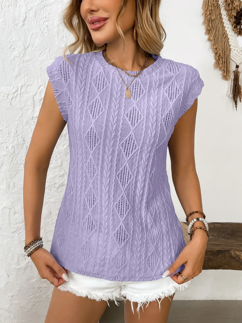 Eyelet Round Neck Cap Sleeve Top, image 15