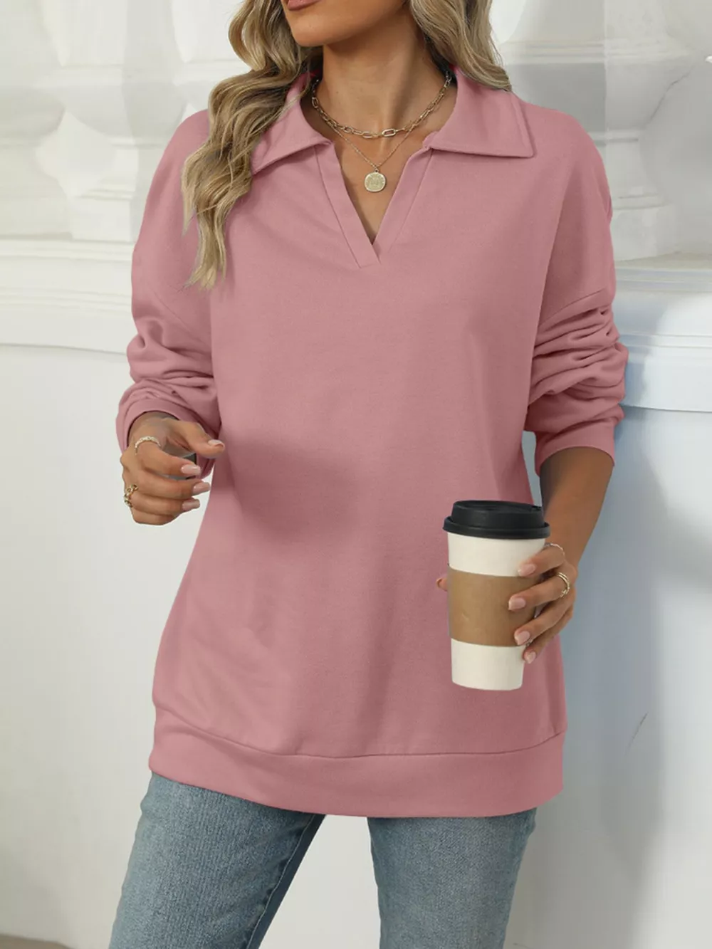 Johnny Collar Drop Shoulder Long Sleeve Sweatshirt, image 27