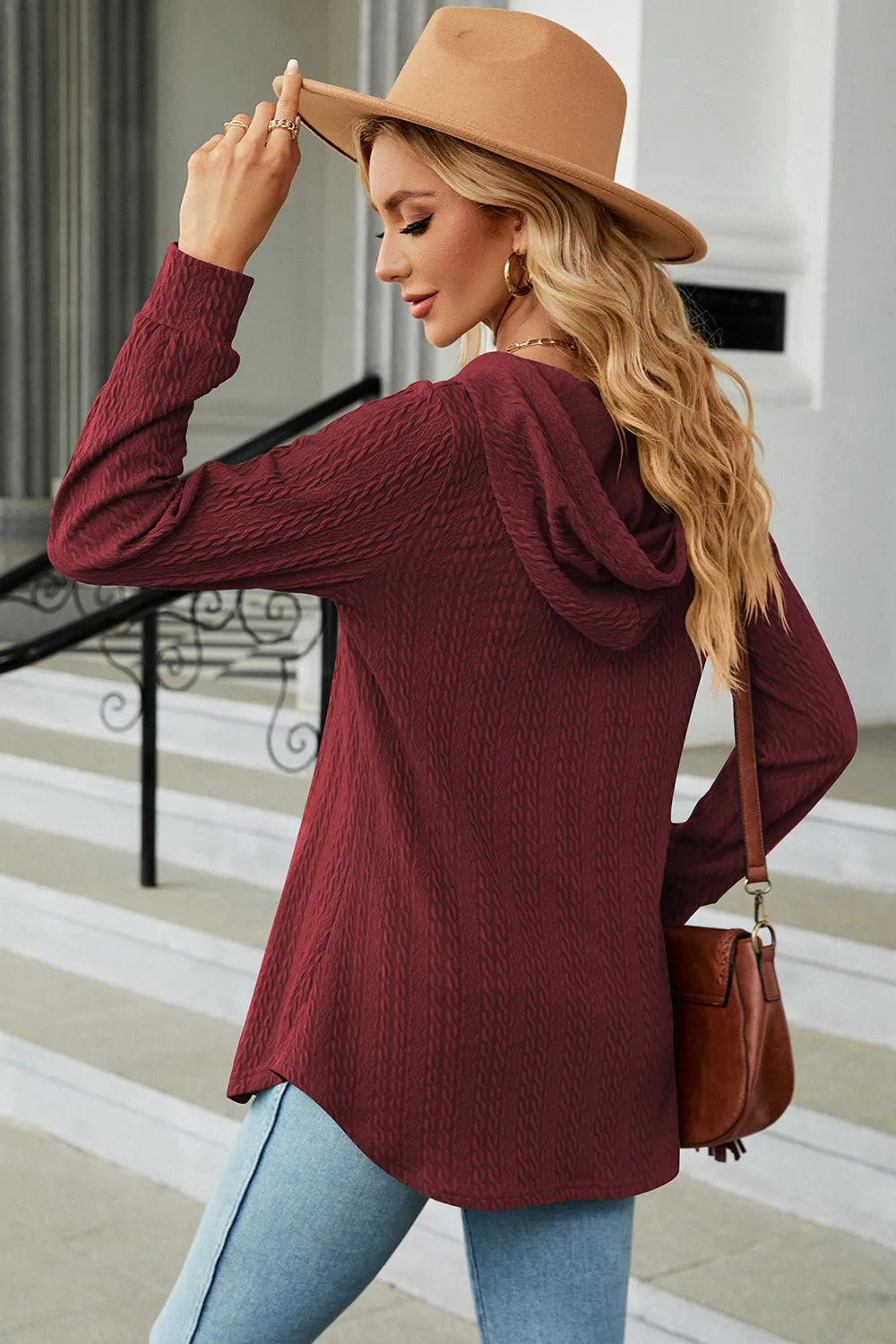 Decorative Button Drawstring Long Sleeve Hoodie, image 4