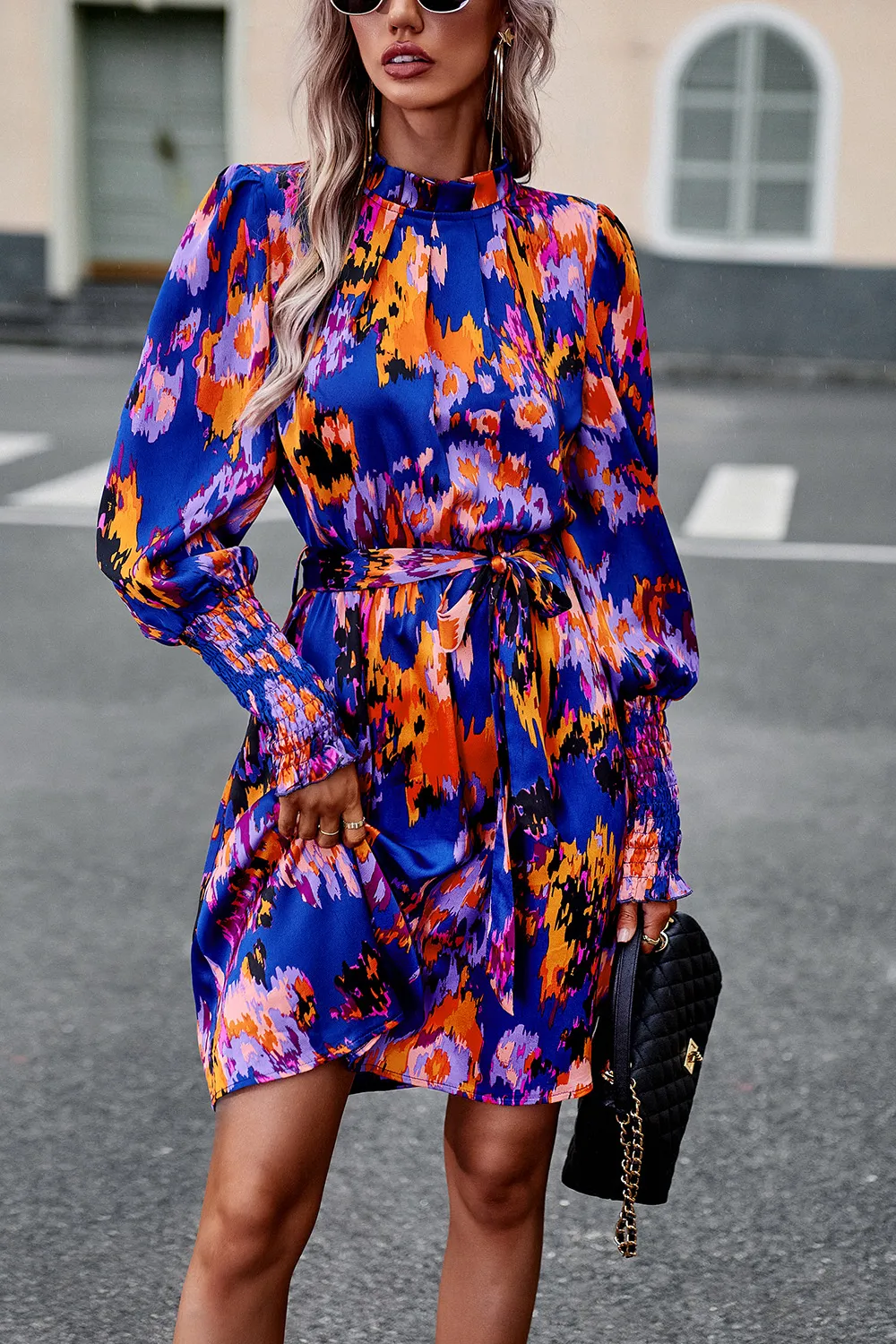 Printed Tie Waist Mock Neck Lantern Sleeve Dress, image 13