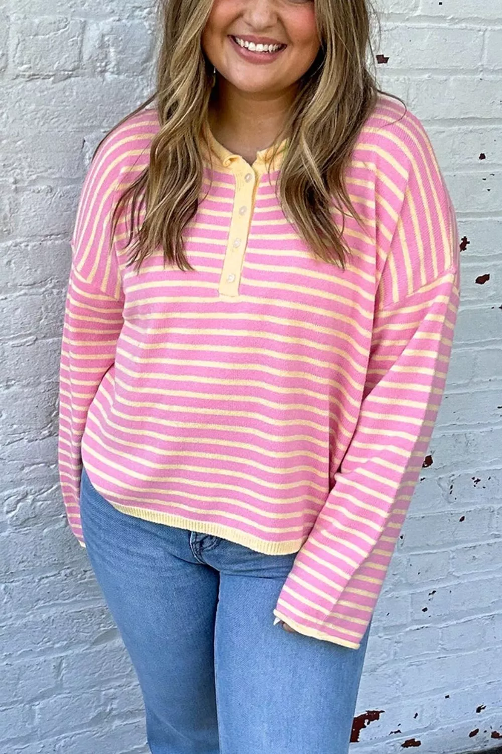 Plus Size Striped Long Sleeve Button Detail Sweater, image 2