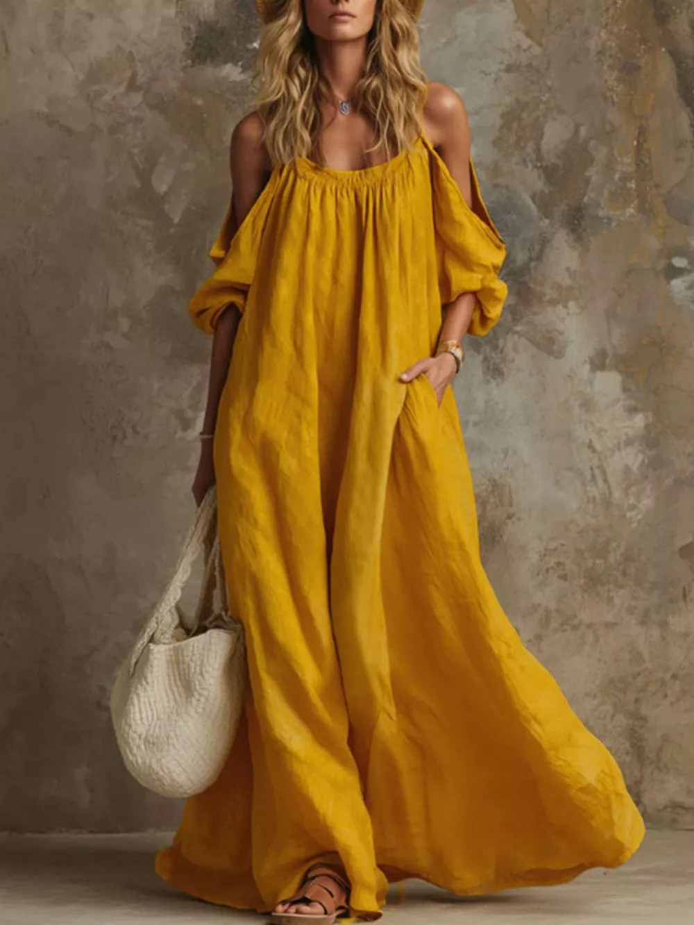 Full Size Cold-Shoulder Linen Maxi Dress Plus Size, image 2