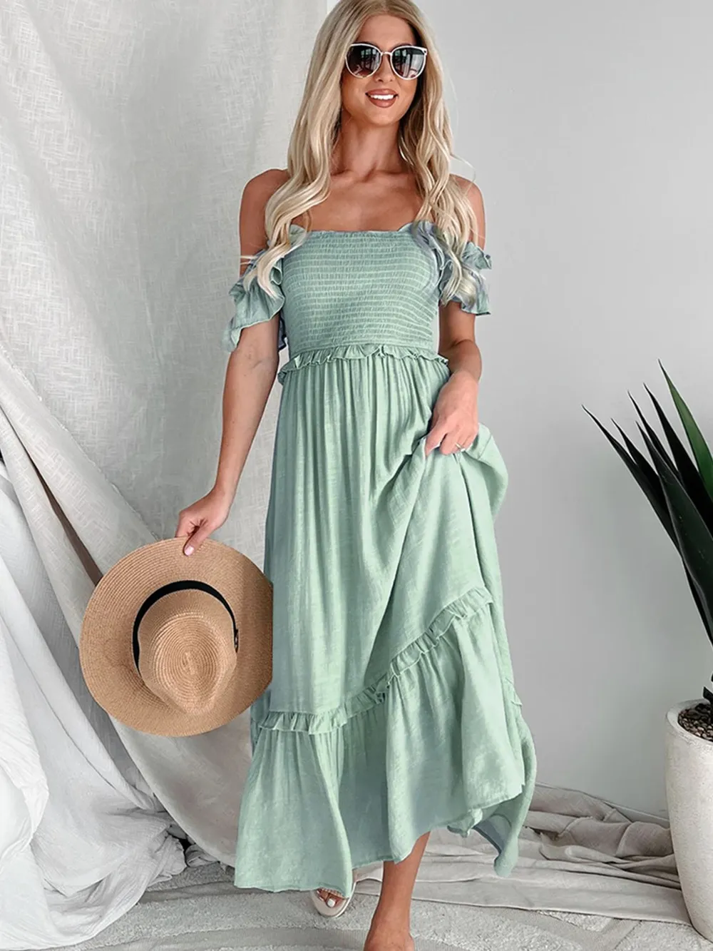 Frill Smocked Off-Shoulder Ruffle Sleeve Dress, image 3