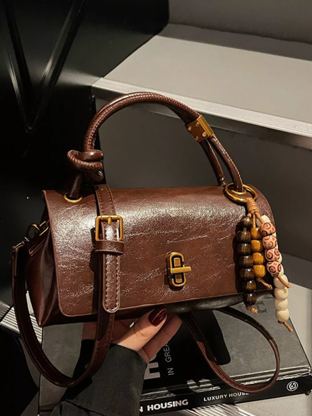 Leather Crossbody Bag with Bead Charm, image 4