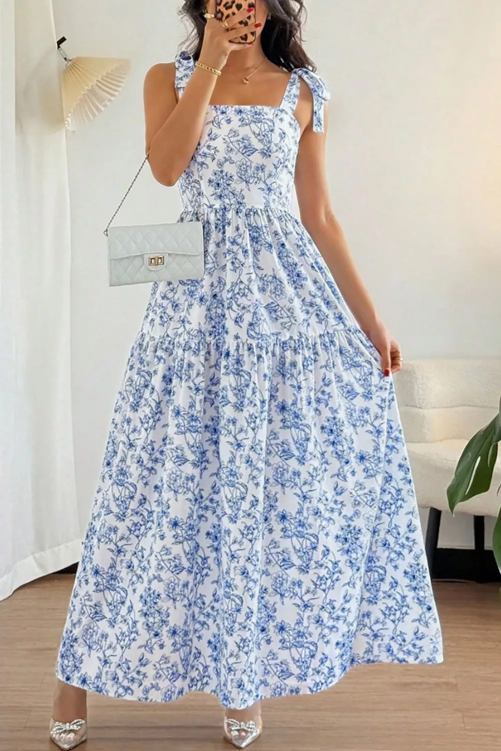 Floral Print Knot Straps High Waist Flared Maxi Dress, image 2